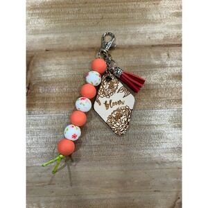 Bloom Floral Silicone Bead Lobster Clasp Keychain Purse Charm Wood‎ Engraved